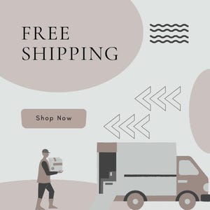 Puede incluir: Ilustraci&oacute;n de un cami&oacute;n de reparto y una persona que lleva un paquete. Las palabras "FREE SHIPPING" est&aacute;n en la parte superior, con un bot&oacute;n "Shop Now" debajo. Tambi&eacute;n se incluyen flechas y l&iacute;neas onduladas.