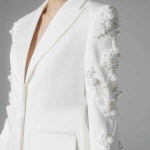 Women's White Blazer Dress – Hand Embroidered with White Pearls & Beads – Sheer Net Trail Dress | Formal Thigh to Floor Length Outfit