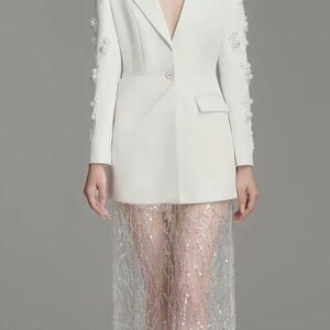 Women's White Blazer Dress – Hand Embroidered with White Pearls & Beads – Sheer Net Trail Dress | Formal Thigh to Floor Length Outfit