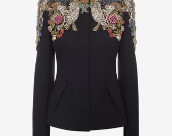 Black Embroidered High Neck Blazer | Hand Embellished Floral Jacket, Party Statement Piece