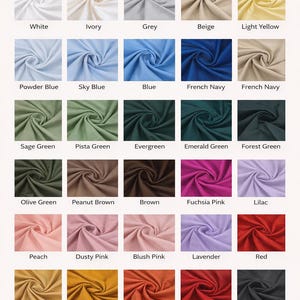 Puede incluir: Tarjeta de muestras de algod&oacute;n de Romilano, que muestra una variedad de colores de tela. Incluye tonos como blanco, marfil, gris, beige, amarillo claro, azul claro, azul cielo y m&aacute;s. Cada muestra est&aacute; etiquetada con su nombre de color.