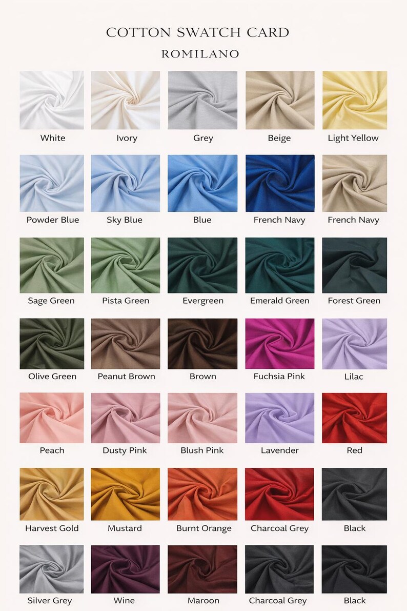 Puede incluir: Tarjeta de muestras de algod&oacute;n de Romilano, que muestra una variedad de colores de tela. Incluye tonos como blanco, marfil, gris, beige, amarillo claro, azul claro, azul cielo y m&aacute;s. Cada muestra est&aacute; etiquetada con su nombre de color.