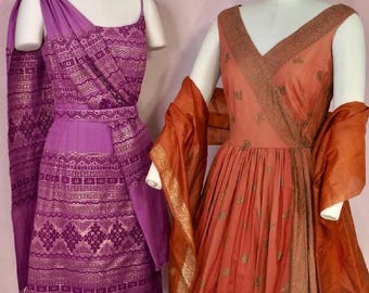 Custom Green Silk Sari Dress | Knee Length, Gold Border, 3/4 Sleeves