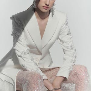 Women's White Blazer Dress – Hand Embroidered with White Pearls & Beads – Sheer Net Trail Dress | Formal Thigh to Floor Length Outfit