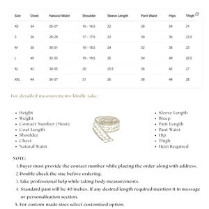 May include: A size chart for men's clothing, featuring measurements for chest, waist, shoulder, sleeve length, pant waist, hips, and thigh. The chart includes sizes XS to XXL, with measurements in inches. Additional details include a list of measurements to take and notes for buyers.