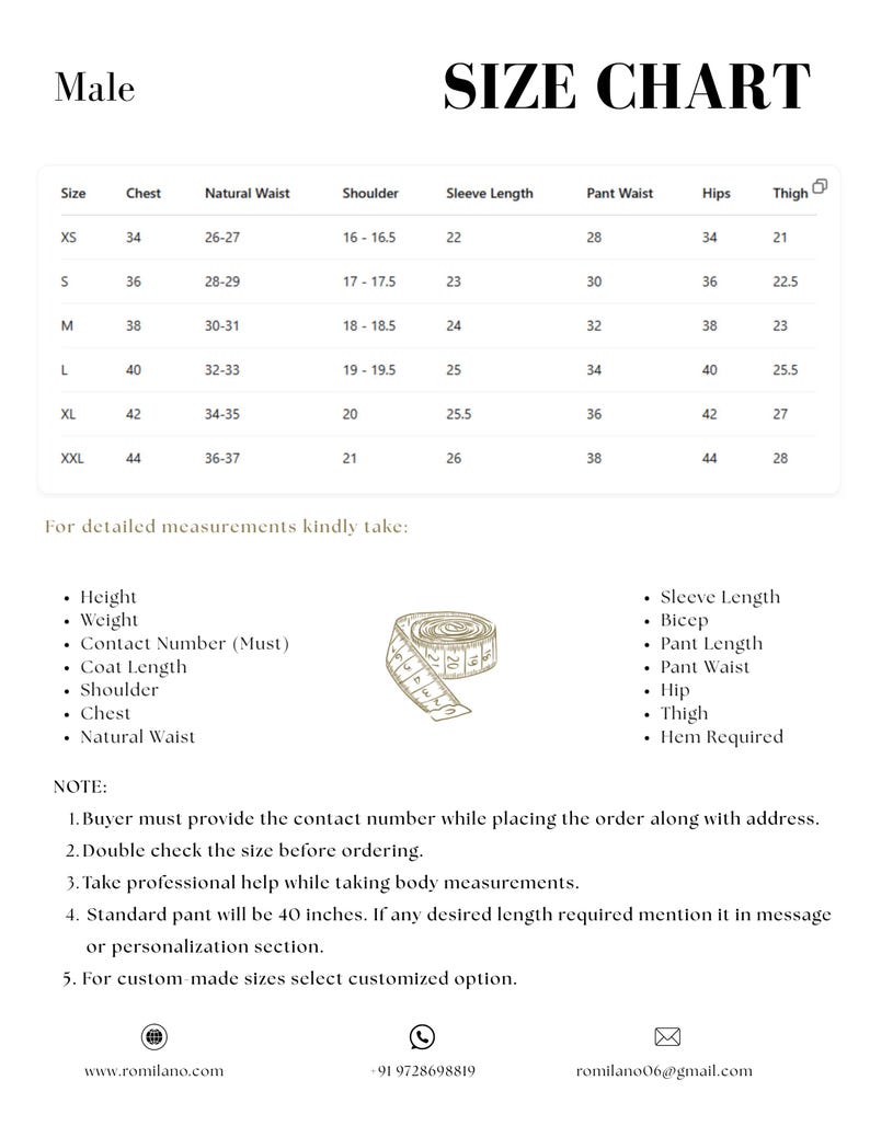 May include: A size chart for men's clothing, featuring measurements for chest, waist, shoulder, sleeve length, pant waist, hips, and thigh. The chart includes sizes XS to XXL, with measurements in inches. Additional details include a list of measurements to take and notes for buyers.