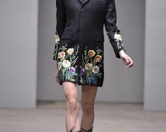 Black Embroidered Blazer Dress – Floral Sleeve Tailored Mini Party Outfit