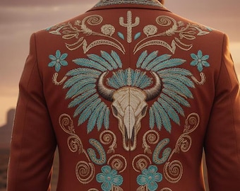 Men's Rust Western Embroidered Suit | Designer Cowboy Blazer Set, Desert Motifs