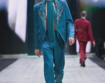 Teal Embroidered Studded Blazer Suit – Designer Runway Style Formal Wear