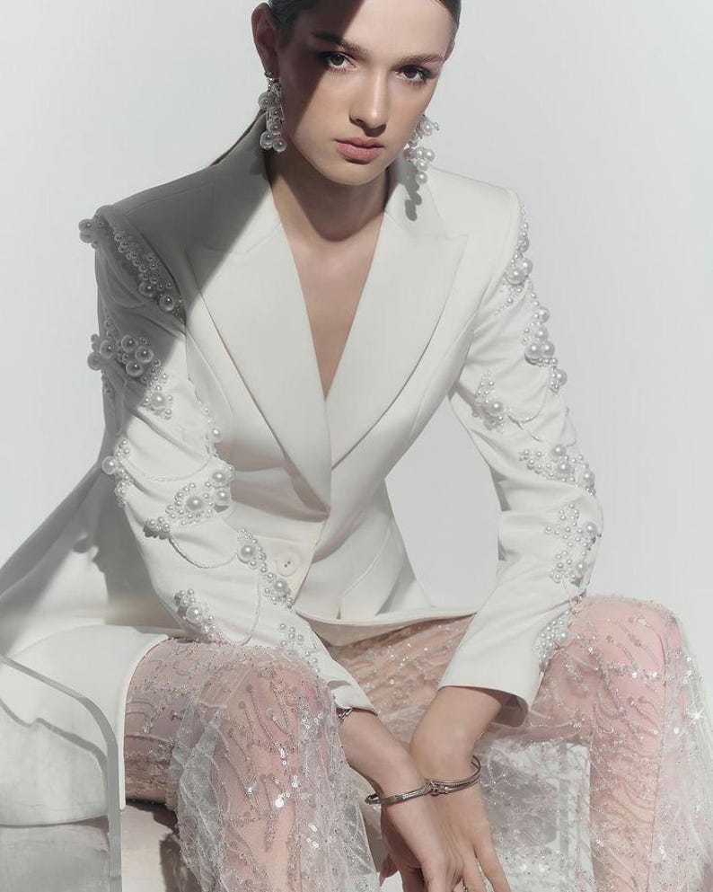 Women's White Blazer Dress – Hand Embroidered with White Pearls & Beads – Sheer Net Trail Dress | Formal Thigh to Floor Length Outfit