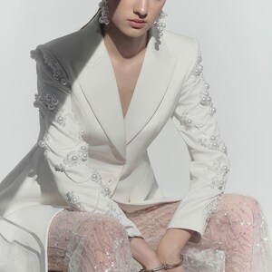 Women's White Blazer Dress – Hand Embroidered with White Pearls & Beads – Sheer Net Trail Dress | Formal Thigh to Floor Length Outfit