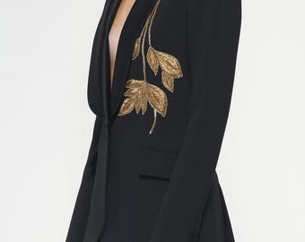 Black Satin Lapel Blazer – Gold Leaf Embroidery, Evening Party Jacket