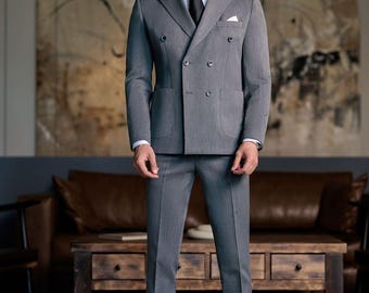 Men's Custom Tailored Grey Double Breasted Suit: Handmade Classic Fit