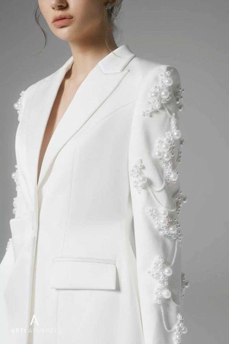 Women's White Blazer Dress – Hand Embroidered with White Pearls & Beads – Sheer Net Trail Dress | Formal Thigh to Floor Length Outfit
