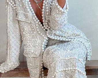 Pearl Embellished Bridal Suit Set – Hand Embroidered Couture Jacket & Skirt