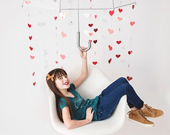 Caída digital de San Valentín, corazones, Día de San Valentín, Silla blanca Digitales, Paraguas, Paraguas de amor, Telón de fondo digital, Fondo digital