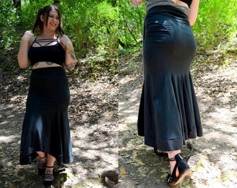 Medium Black Mermaid Style Asymmetrical Tizzy Lizzy Skirt, Retro Styling, Boho, Tango, Flamenco