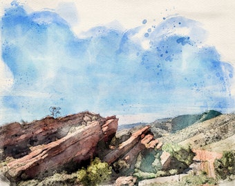 Red Rocks Denver Colorado mountain scene watercolor DIGITAL DOWNLOAD PDF print file travel wall art