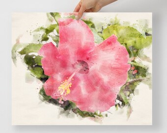Hibiscus tropical flower watercolor wall art decor floral