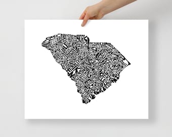 South Carolina typography map art unframed print personalized state poster custom wall decor wedding housewarming gift beach house