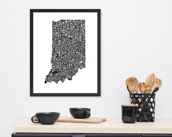 Indiana typography map art FRAMED print custom personalized state poster personalized wall decor engagement wedding housewarming gift