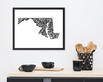 Maryland typography map art FRAMED print customizable personalized state poster custom wall decor engagement wedding housewarming gift