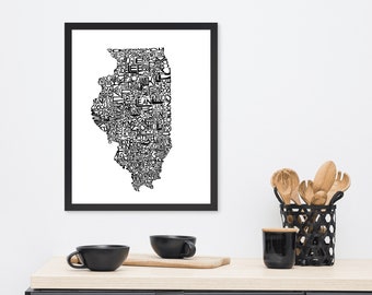Illinois typography map art FRAMED print customizable state poster wedding engagement graduation gift anniversary personalized wall decor