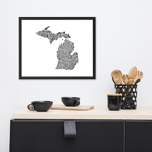 Michigan typography map art FRAMED print customizable personalized custom state poster wall decor engagement wedding housewarming gift