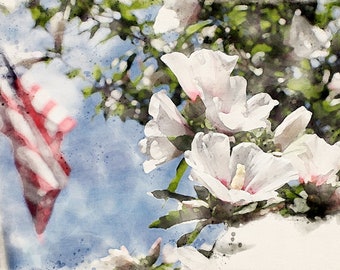 American flag rose of sharon watercolor DIGITAL DOWNLOAD PDF print file flower floral patriotic summer 4th of july