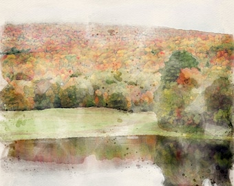 Vermont autumn mountain lake scene watercolor DIGITAL DOWNLOAD PDF print file travel wall art foggy fall foliage