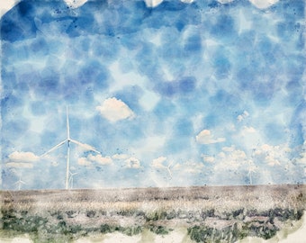 Texas plains wind turbine scene watercolor DIGITAL DOWNLOAD PDF print file travel wall art summer sustainability turbines wind farm
