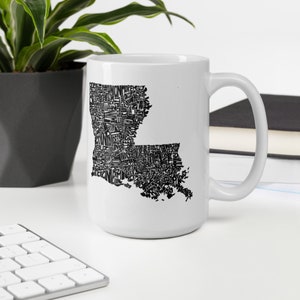 Louisiana state typography map coffee mug