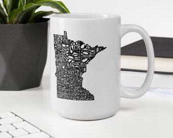 Minnesota state typography map coffee mug
