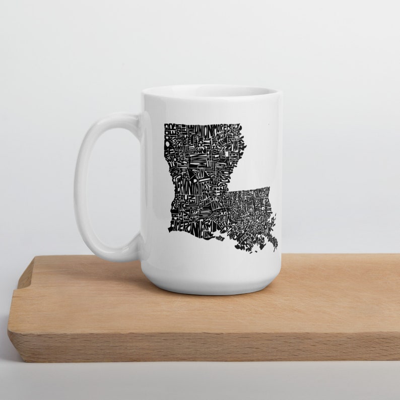 Louisiana state typography map coffee mug