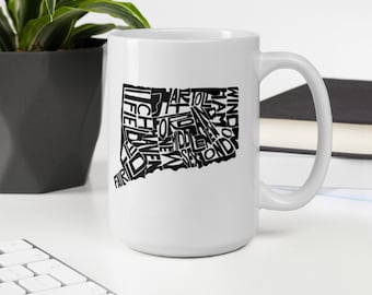 Connecticut state typography map coffee mug