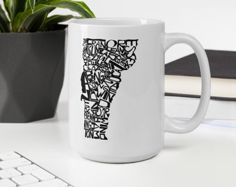 Vermont state typography map coffee mug