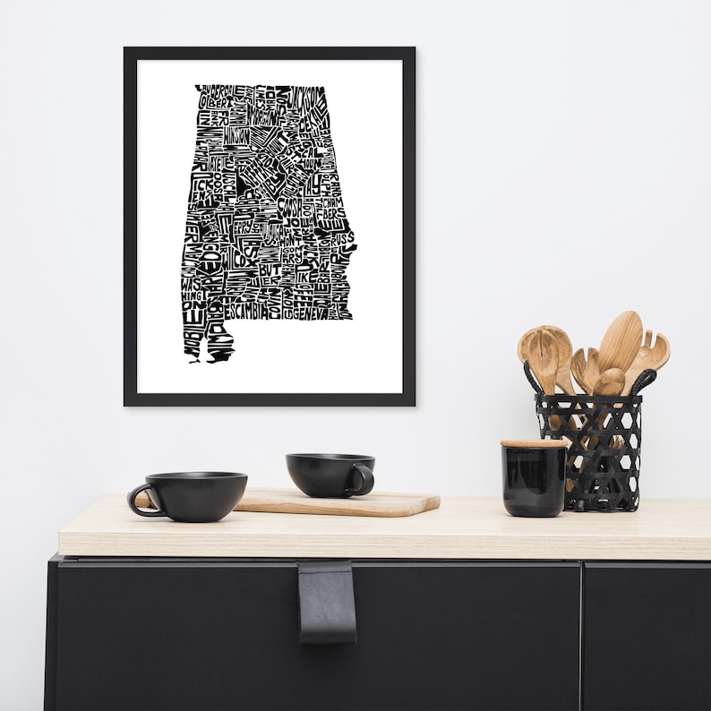 Alabama typography map art FRAMED print customizable state poster personalized wall art home decor 16×20