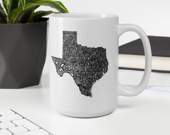 Texas state typography map coffee mug