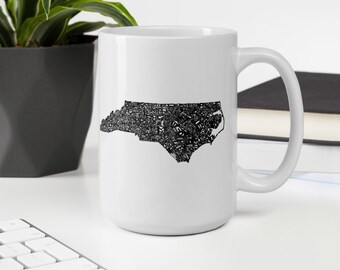 North Carolina state typography map coffee mug