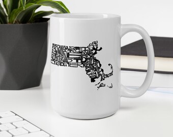Massachusetts state typography map coffee mug