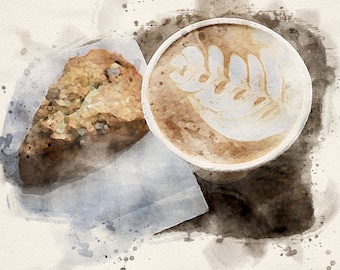 Latte and scone watercolor DIGITAL DOWNLOAD PDF print file coffee pastry food art cafe restaurant decor