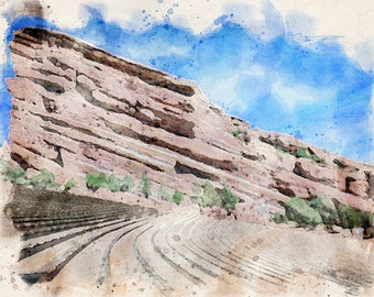 Red Rocks Amphitheater Denver Colorado mountain scene watercolor DIGITAL DOWNLOAD PDF print file travel wall art