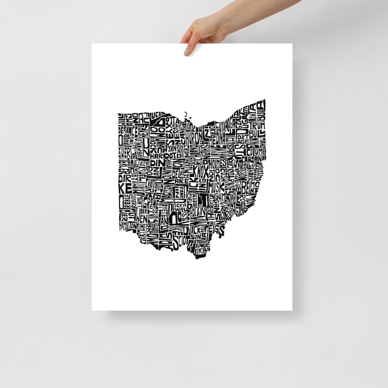 Ohio typography map art unframed print customizable personalized state poster custom wall decor engagement wedding housewarming gift image 1