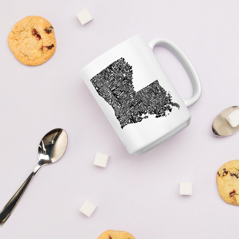 Louisiana state typography map coffee mug