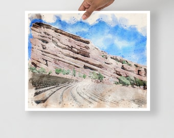 Colorado Red Rocks amphitheater Denver hiking mountain western watercolor unframed print travel wall decor housewarming