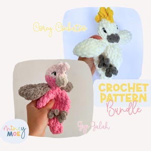 May include: Image of a crochet pattern bundle featuring two handmade cockatoo birds. One is pink and gray, the other white and yellow. The words "Corey Cockatoo" and "Crochet Pattern Bundle" are also visible.