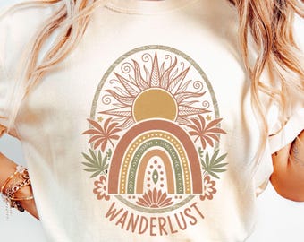 Wanderlust Comfort Colors Shirt, Boho Sun Rainbow Tee, Hippie Graphic T Shirt, Vintage Inspired Unisex Shirt, Festival Outfit Top