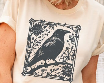 Vintage Raven T-Shirt: Gothic Crow in Floral Frame, Dark Academia Cotton Tee