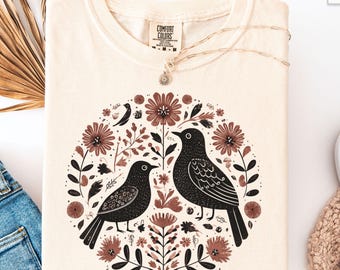 Retro Botanical Bird Shirt, Folk Art Graphic Tee, Comfort Colors
