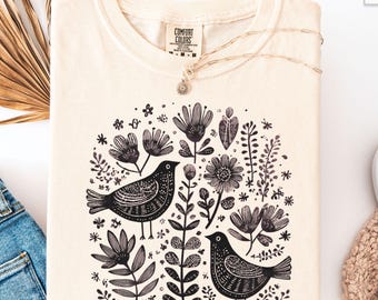 Folk Art Bird Graphic Tee, Retro Botanical Comfort Colors Shirt